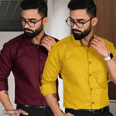 Stylish Multicoloured Cotton Long Sleeve Solid Shirt For Men Pack Of 2-thumb0