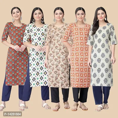 Stylish Straight Multicoloured Printed Crepe Kurta-Combo Of 5-thumb0