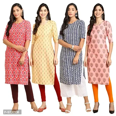 Fashionable Straight Multicoloured Printed Crepe Kurta For Women Combo Pack Of 4