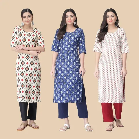 Stylish Crepe Multicoloured Printed Kurta For Women- Combo Of 3