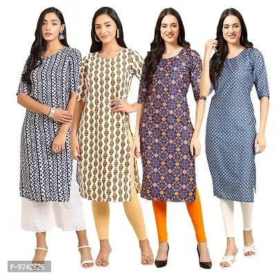 Fashionable Straight Multicoloured Printed Crepe Kurta For Women Combo Pack Of 4