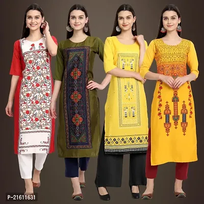 Elegant Crepe Printed Straight 3/4 Sleeves Kurta For Women- Pack Of 4