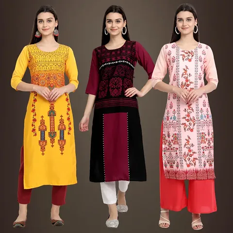 Elegant American Crepe Printed Straight 3/4 Sleeves Kurta Pack Of 3