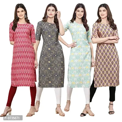 Fashionable Straight Multicoloured Printed Crepe Kurta For Women Combo Pack Of 4