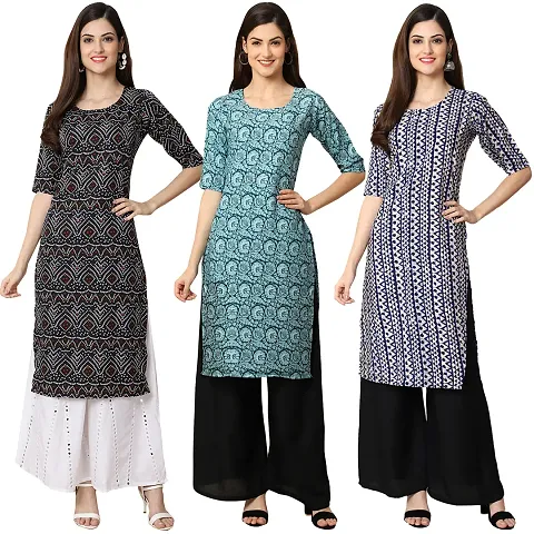 Women Crepe Digital Printed Straight Kurtis Pack of 3