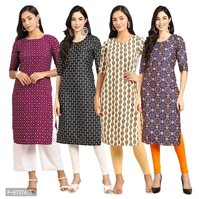 Fashionable Straight Multicoloured Printed Crepe Kurta For Women Combo Pack Of 4