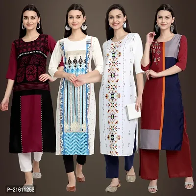 Elegant Crepe Printed Straight 3/4 Sleeves Kurta For Women- Pack Of 4