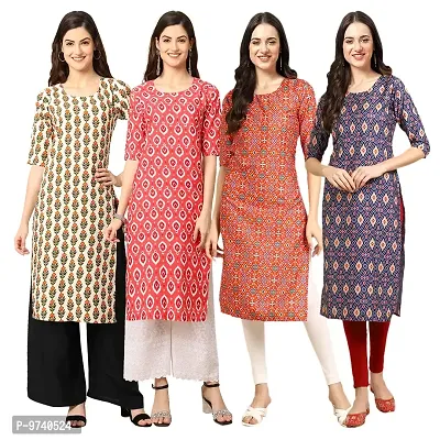 Fashionable Straight Multicoloured Printed Crepe Kurta For Women Combo Pack Of 4