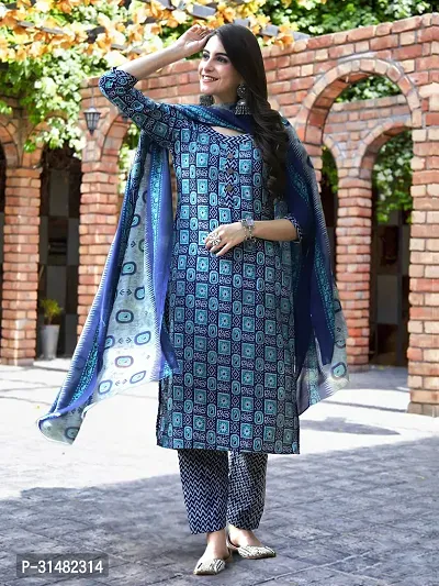 Stylish Blue Cotton Blend Printed Kurta, Bottom and Dupatta Set For Women-thumb2