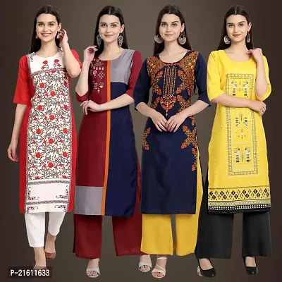 Elegant Crepe Printed Straight 3/4 Sleeves Kurta For Women- Pack Of 4