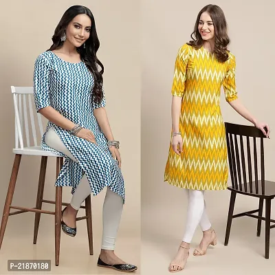 Elegant Crepe Light Blue And Yellow Printed 3/4 Sleeve Kurta For Women- Combo Of 2