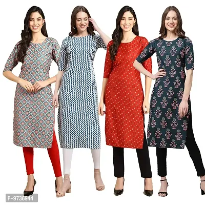 Fashionable Straight Multicoloured Printed Crepe Kurta For Women Combo Pack Of 4