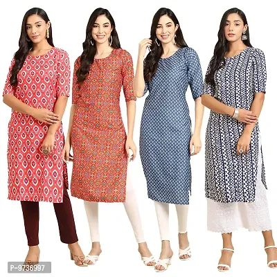 Fashionable Straight Multicoloured Printed Crepe Kurta For Women Combo Pack Of 4