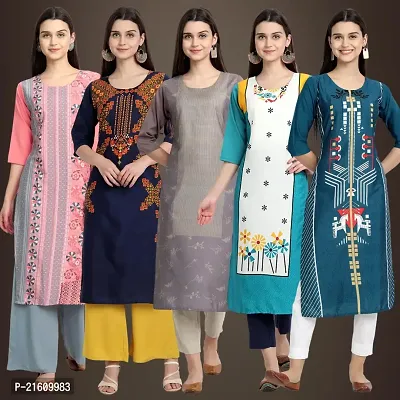 Elegant American Crepe Printed Straight 3/4 Sleeves Kurta For Women- Pack Of 5