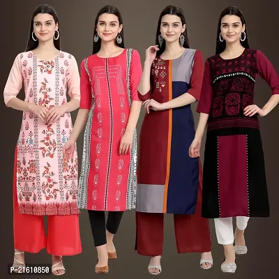 Elegant Crepe Printed Straight 3/4 Sleeves Kurta For Women- Pack Of 4