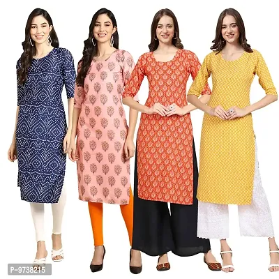 Fashionable Straight Multicoloured Printed Crepe Kurta For Women Combo Pack Of 4-thumb0