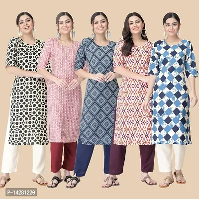 Stylish Straight Multicoloured Printed Crepe Kurta-Combo Of 5