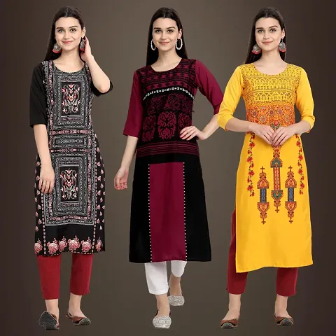 Trendy Crepe Printed Kurti -Pack Of 3