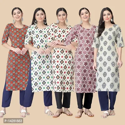 Stylish Straight Multicoloured Printed Crepe Kurta-Combo Of 5