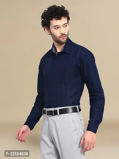 Reliable Navy Blue Cotton Solid Long Sleeve Casual Shirts For Men-thumb2