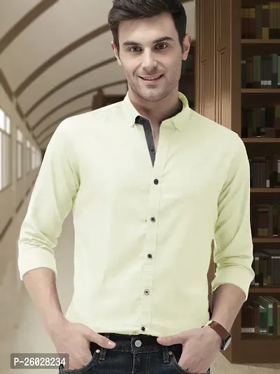 Men Stylish Beige Cotton Solid Long Sleeve Semi Formal Shirt