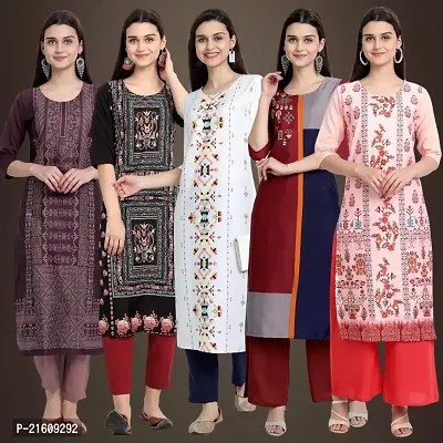 Elegant American Crepe Printed Straight 3/4 Sleeves Kurta For Women- Pack Of 5