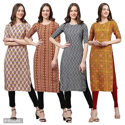 Fashionable Straight Multicoloured Printed Crepe Kurta For Women Combo Pack Of 4