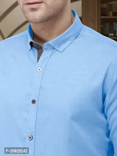 Men Stylish Blue Cotton Solid Long Sleeve Semi Formal Shirt-thumb4