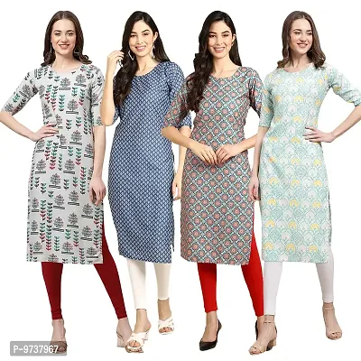 Fashionable Straight Multicoloured Printed Crepe Kurta For Women Combo Pack Of 4