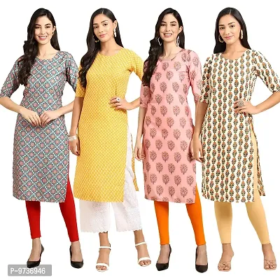 Fashionable Straight Multicoloured Printed Crepe Kurta For Women Combo Pack Of 4