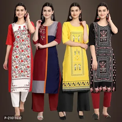 Elegant Crepe Printed Straight 3/4 Sleeves Kurta For Women- Pack Of 4