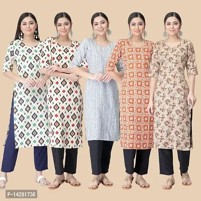 Stylish Straight Multicoloured Printed Crepe Kurta-Combo Of 5