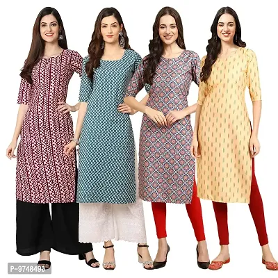 Fashionable Straight Multicoloured Printed Crepe Kurta For Women Combo Pack Of 4-thumb0