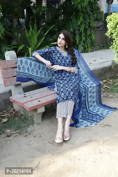 Newest Fashion Navy Blue Printed Cotton Straight Kurta Pant With Dupatta Set-thumb2