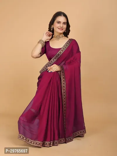 Stylish Georgette Magenta Embellished Lace Border Saree With Blouse Piece-thumb0