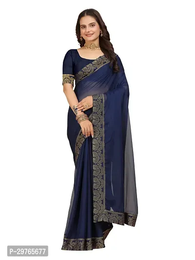 Stylish Georgette Blue Embellished Lace Border Saree With Blouse Piece