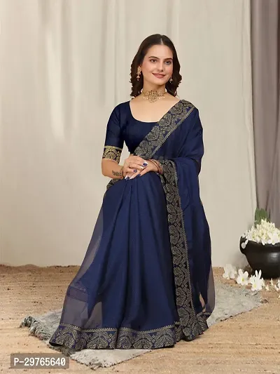 Stylish Georgette Blue Embellished Lace Border Saree With Blouse Piece