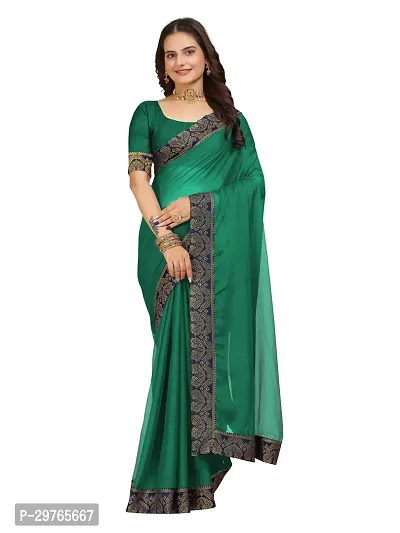 Stylish Georgette Green Embellished Lace Border Saree With Blouse Piece