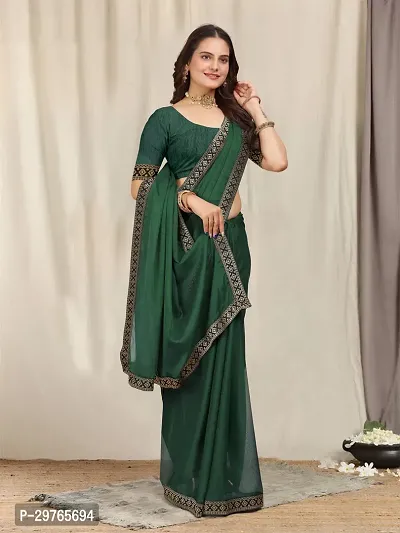 Stylish Georgette Green Embellished Lace Border Saree With Blouse Piece-thumb0