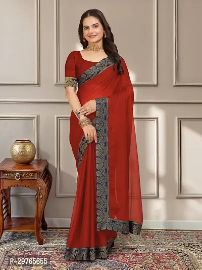 Stylish Georgette Red Embellished Lace Border Saree With Blouse Piece-thumb0