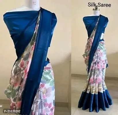 Beautiful Blue Art Silk Printed Women Saree with Blouse piece