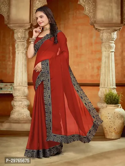 Stylish Georgette Red Embellished Lace Border Saree With Blouse Piece