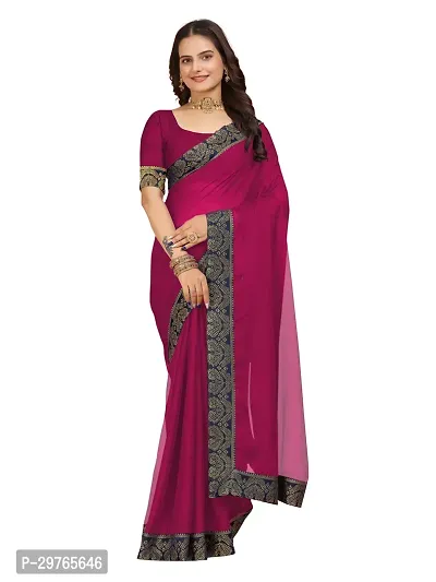 Stylish Georgette Magenta Embellished Lace Border Saree With Blouse Piece