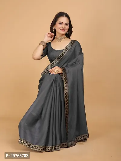 Stylish Georgette Grey Embellished Lace Border Saree With Blouse Piece