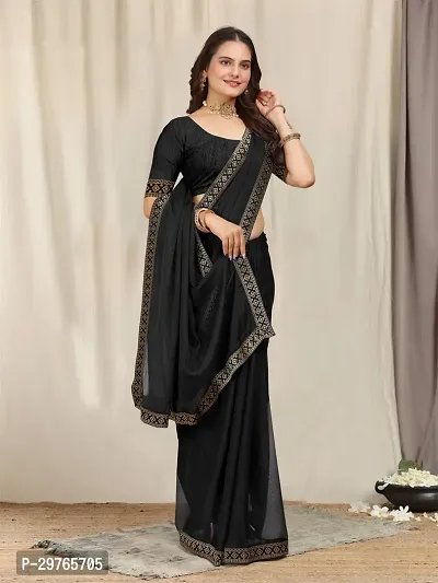 Stylish Georgette Black Embellished Lace Border Saree With Blouse Piece-thumb0