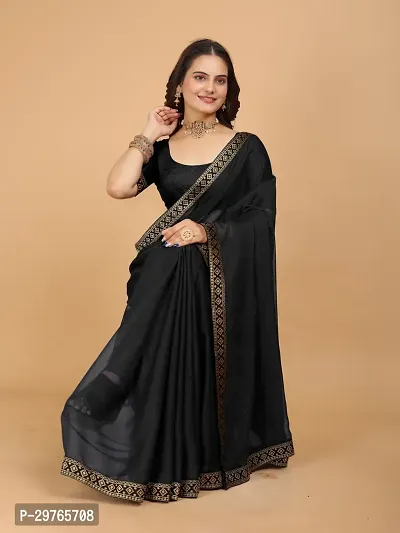 Stylish Georgette Black Embellished Lace Border Saree With Blouse Piece