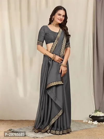 Stylish Georgette Grey Embellished Lace Border Saree With Blouse Piece-thumb0