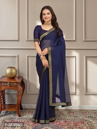 Stylish Georgette Blue Embellished Lace Border Saree With Blouse Piece