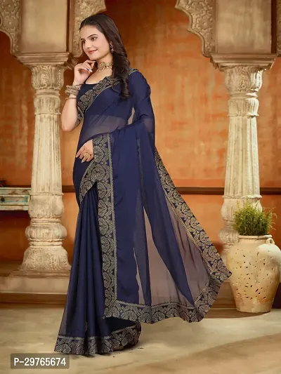 Stylish Georgette Blue Embellished Lace Border Saree With Blouse Piece-thumb0