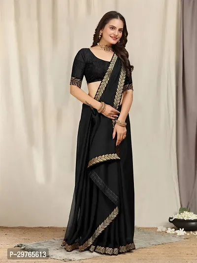 Stylish Georgette Black Embellished Lace Border Saree With Blouse Piece